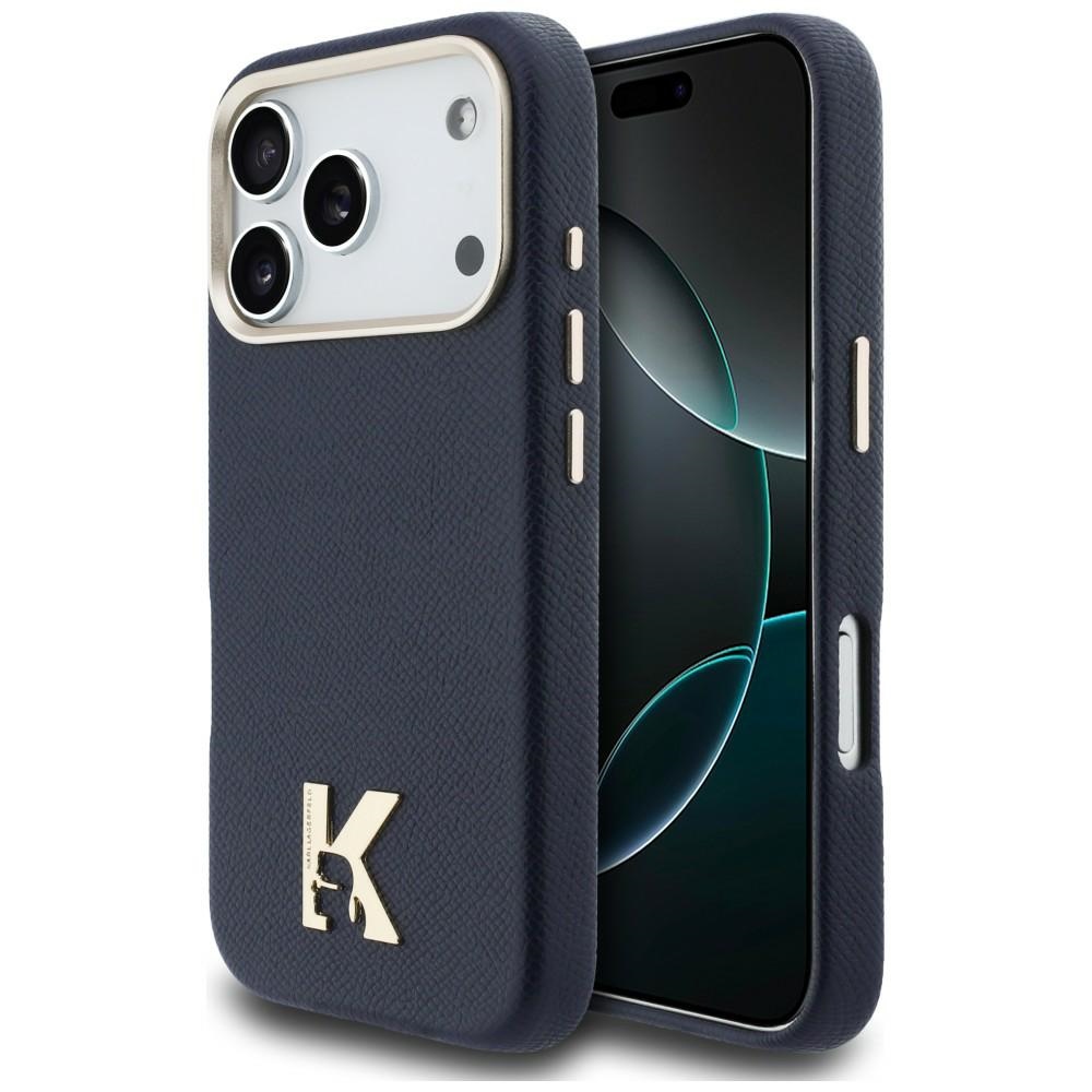 Levně Karl Lagerfeld - Pevný kožený kryt MagSafe with K Head Logo (KLHMP17L5PGFKHGB) - iPhone 17 Pro - Modrá