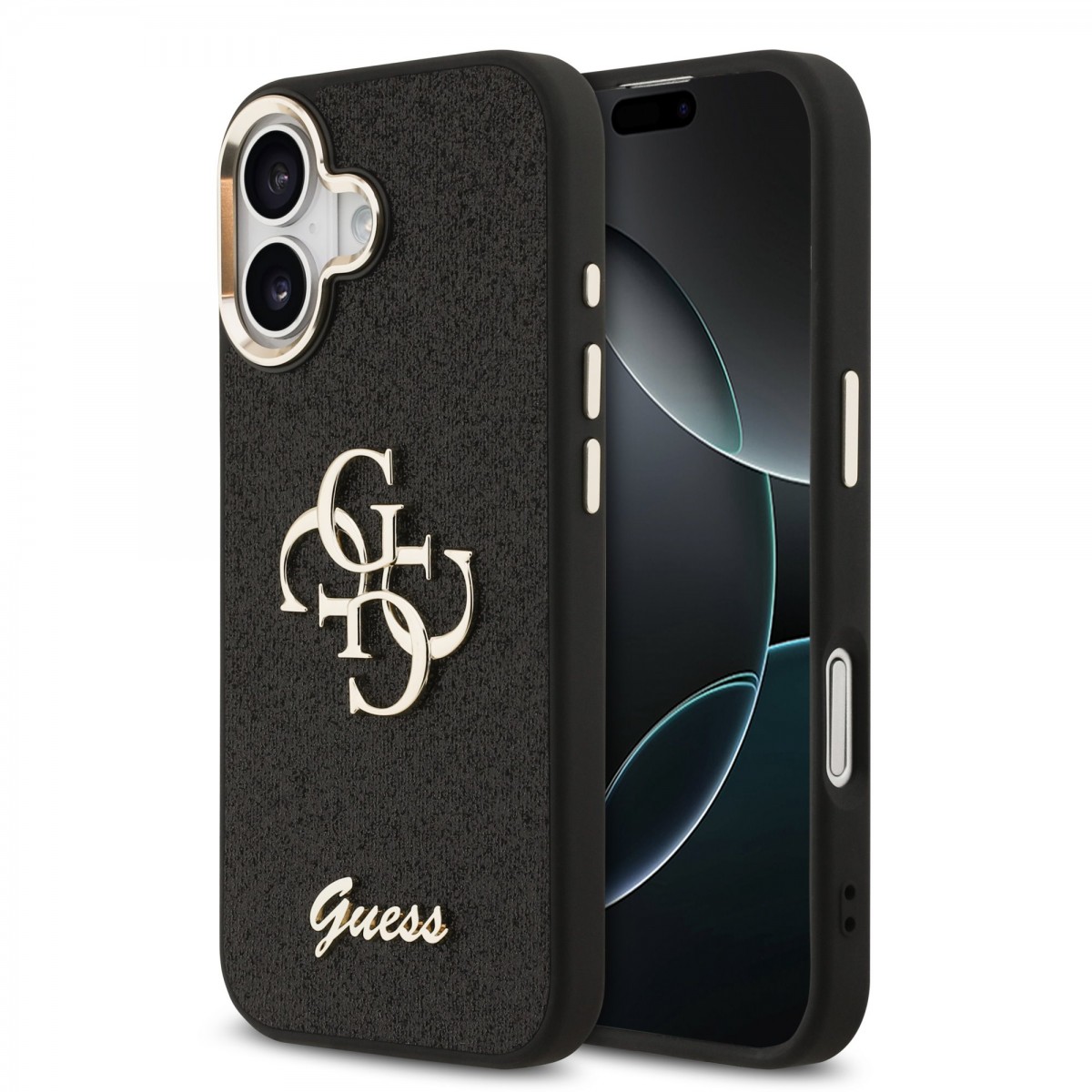Levně Kryt Guess PU Fixed Glitter 4G Metal Frame pro iPhone 17 černý