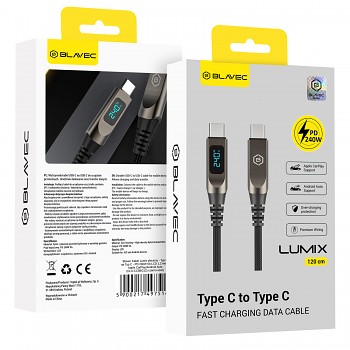 Opletený kabel Blavec Lumix - Typ C na Typ C - PD 240W 5A s LED displejem 1,2 metru Apple CarPlay/Android Auto (CLU-CC5BG12) černošedý