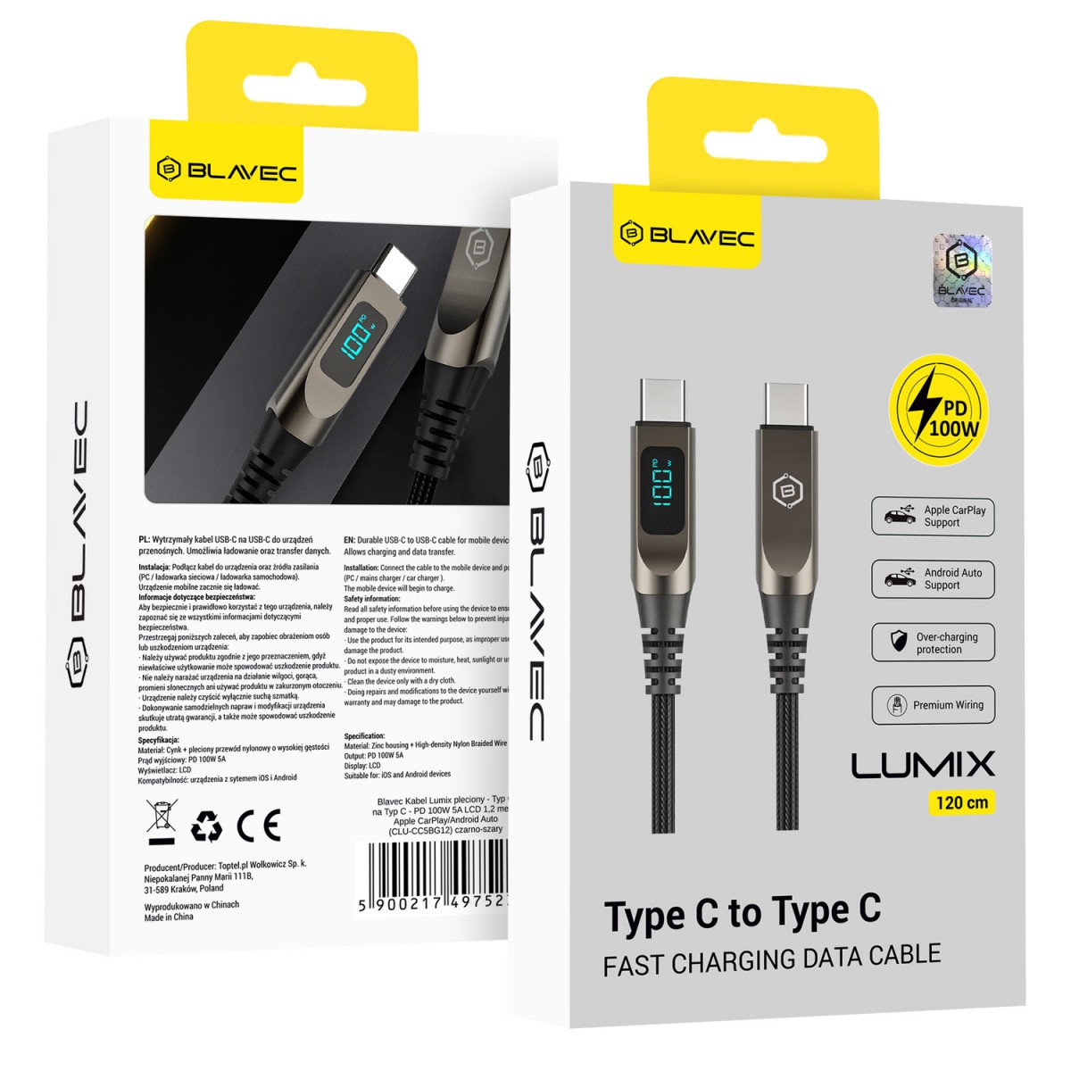 Levně Opletený kabel Blavec Lumix - Typ C na Typ C - PD 100W 5A s LED displejem 1,2 metru Apple CarPlay/Android Auto (CLU-CC5BG12) černošedý