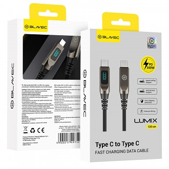 Opletený kabel Blavec Lumix - Typ C na Typ C - PD 100W 5A s LED displejem 1,2 metru Apple CarPlay/Android Auto (CLU-CC5BG12) černošedý