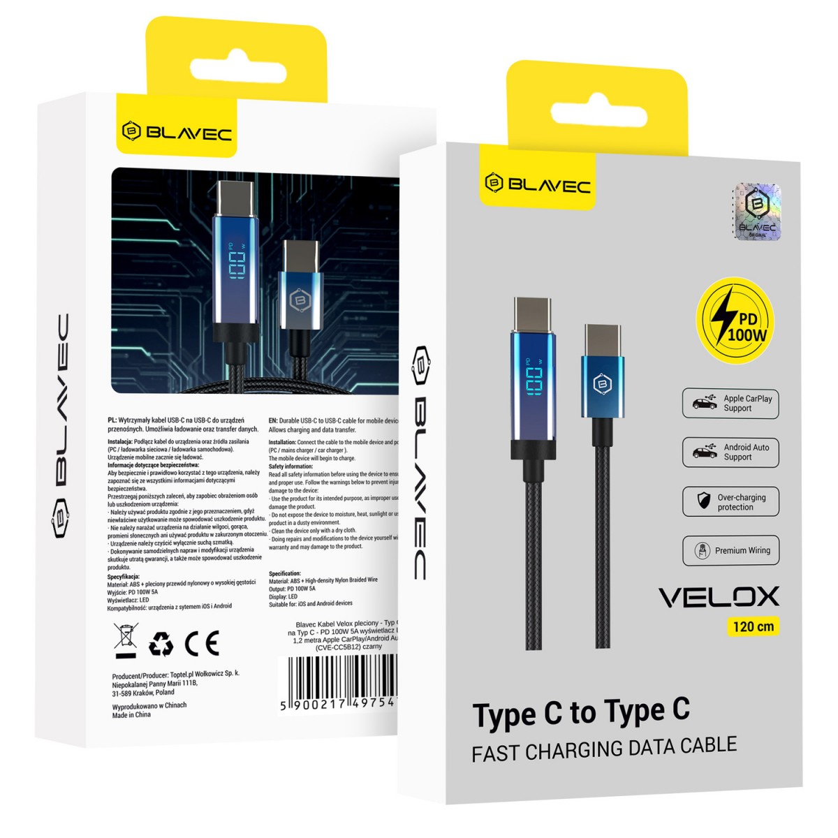 Levně Opletený kabel Blavec Velox - Typ C na Typ C - PD 100W 5A s LED displejem 1,2 metru Apple CarPlay/Android Auto (CVE-CC5B12) černý