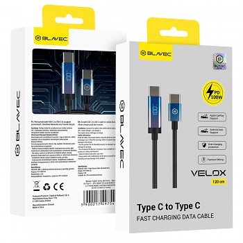 Opletený kabel Blavec Velox - Typ C na Typ C - PD 100W 5A s LED displejem 1,2 metru Apple CarPlay/Android Auto (CVE-CC5B12) černý