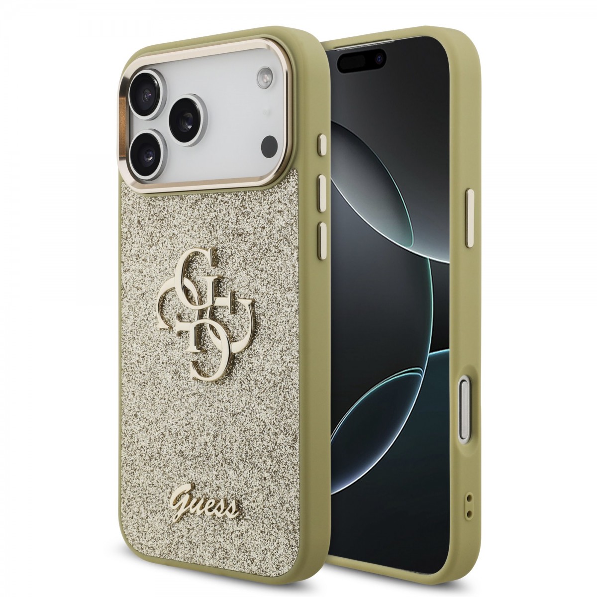 Levně Zadní kryt Guess PU Fixed Glitter 4G Metal Frame pro iPhone 17 Pro Max zlatý