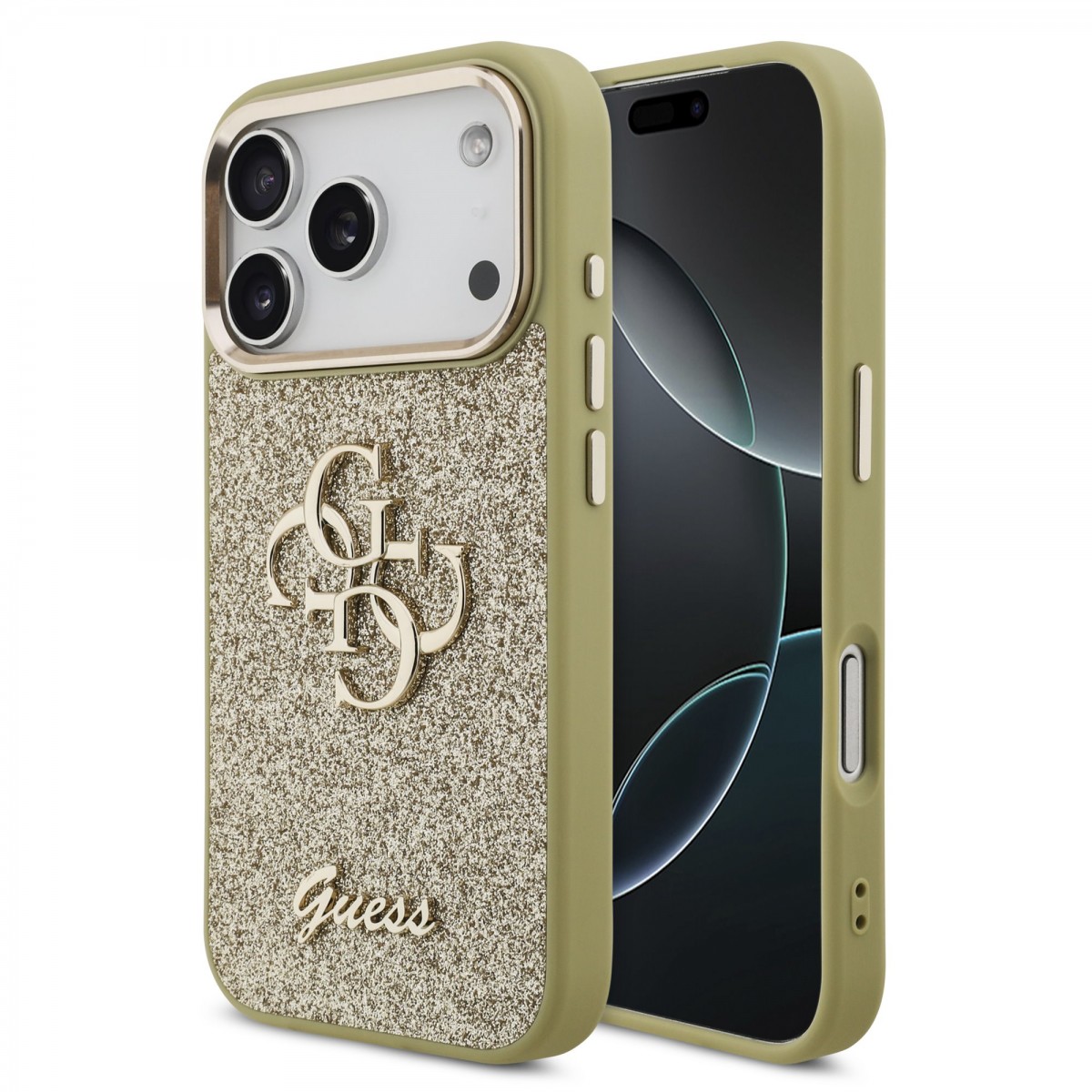 Levně Zadní kryt Guess PU Fixed Glitter 4G Metal Frame pro iPhone 17 Pro zlatý