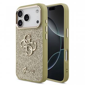 Zadní kryt Guess PU Fixed Glitter 4G Metal Frame pro iPhone 17 Pro zlatý