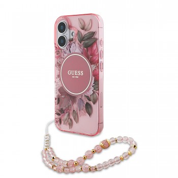 Zadní kryt Guess IML Flowers Strap MagSafe pro iPhone 16 Plus růžový