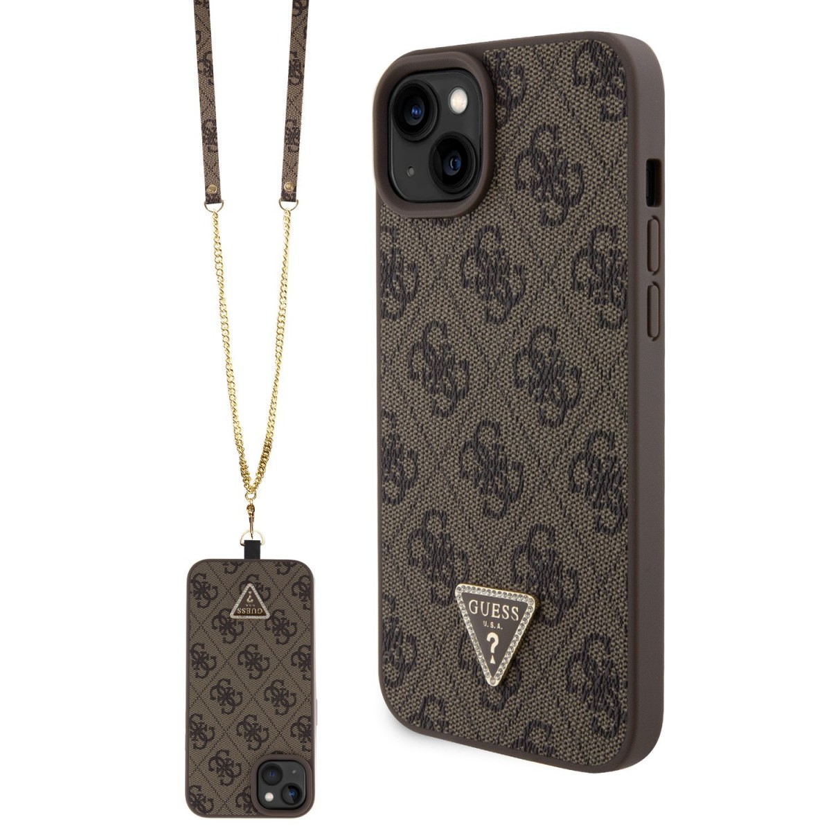Levně Zadní kryt a popruh Guess PU 4G Strass Triangle Metal Logo pro iPhone 15 Plus hnědý