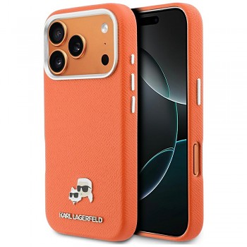 Kryt Karl Lagerfeld - Karl & Choupette Head Pin Saffiano MagSafe (KLHMP17L6PFKCLO) - iPhone 17 Pro Oranžový