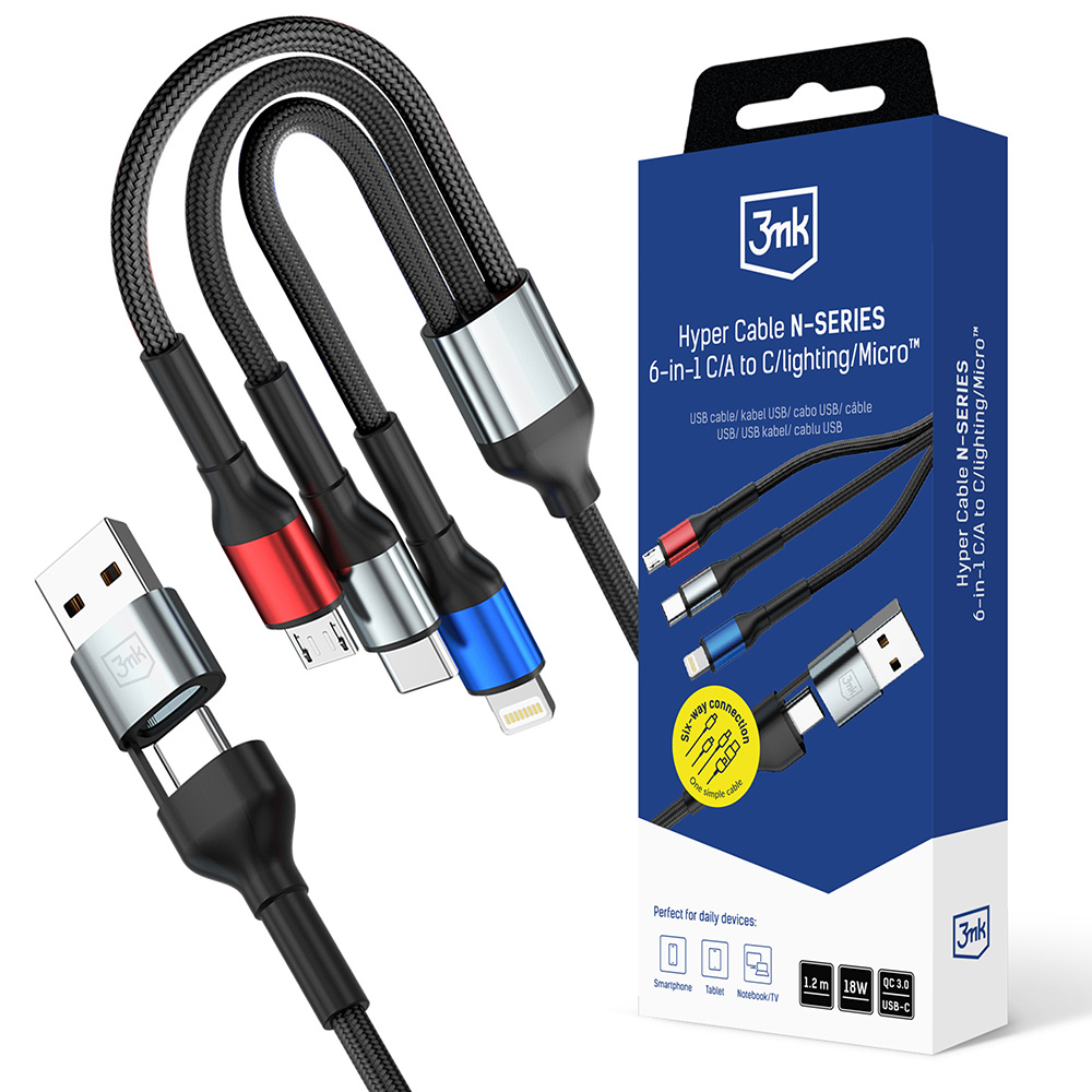 Levně Kabel 3mk Data Cable Hyper N-Series 6in1 - USB-C/USB Male, USB-C Female to USB-C, Lightning, Micro, 18W, 9V/2A, 1.2m černý