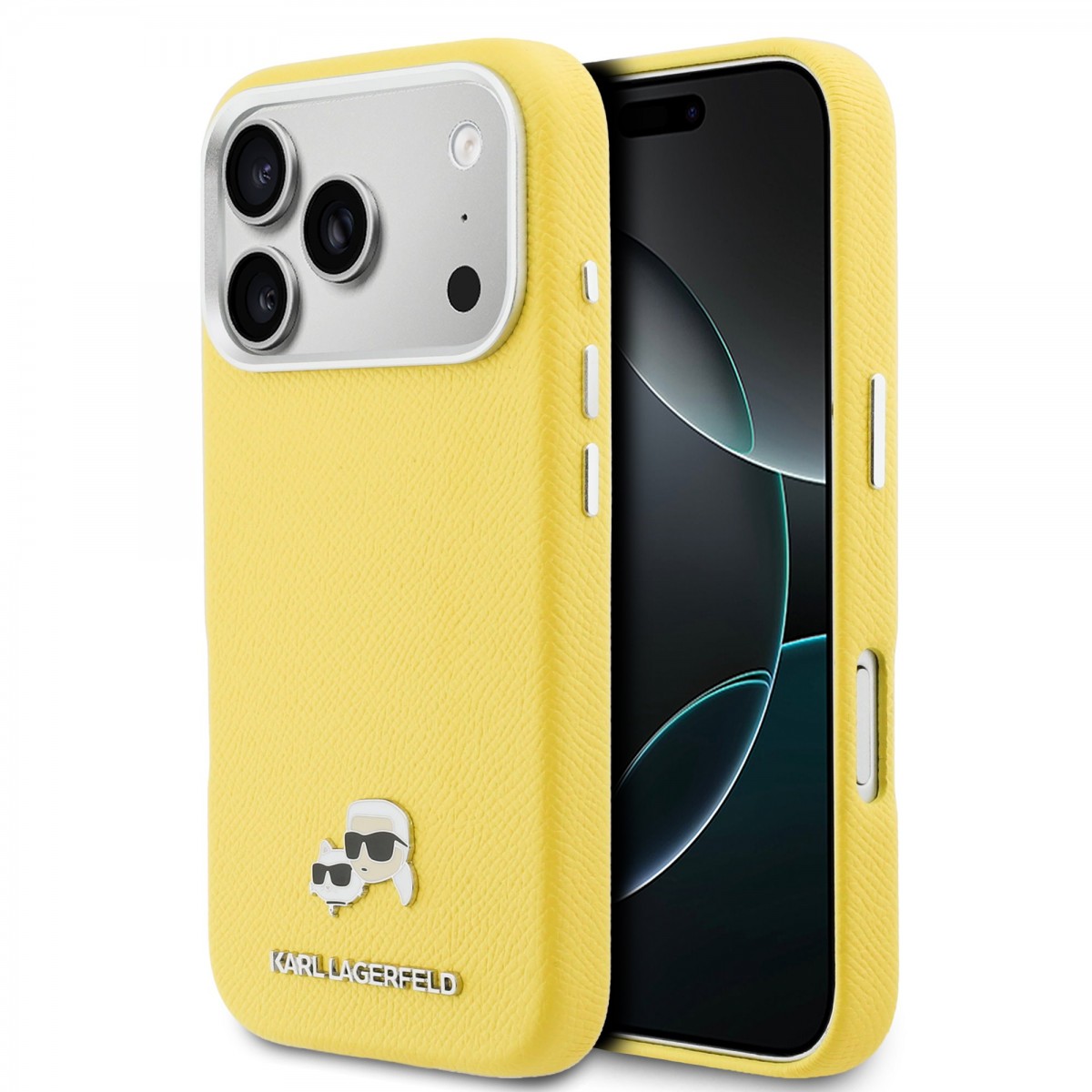 Zadní kryt Karl Lagerfeld PU Karl and Choupette Heads Pins MagSafe pro iPhone 17 Pro žlutý