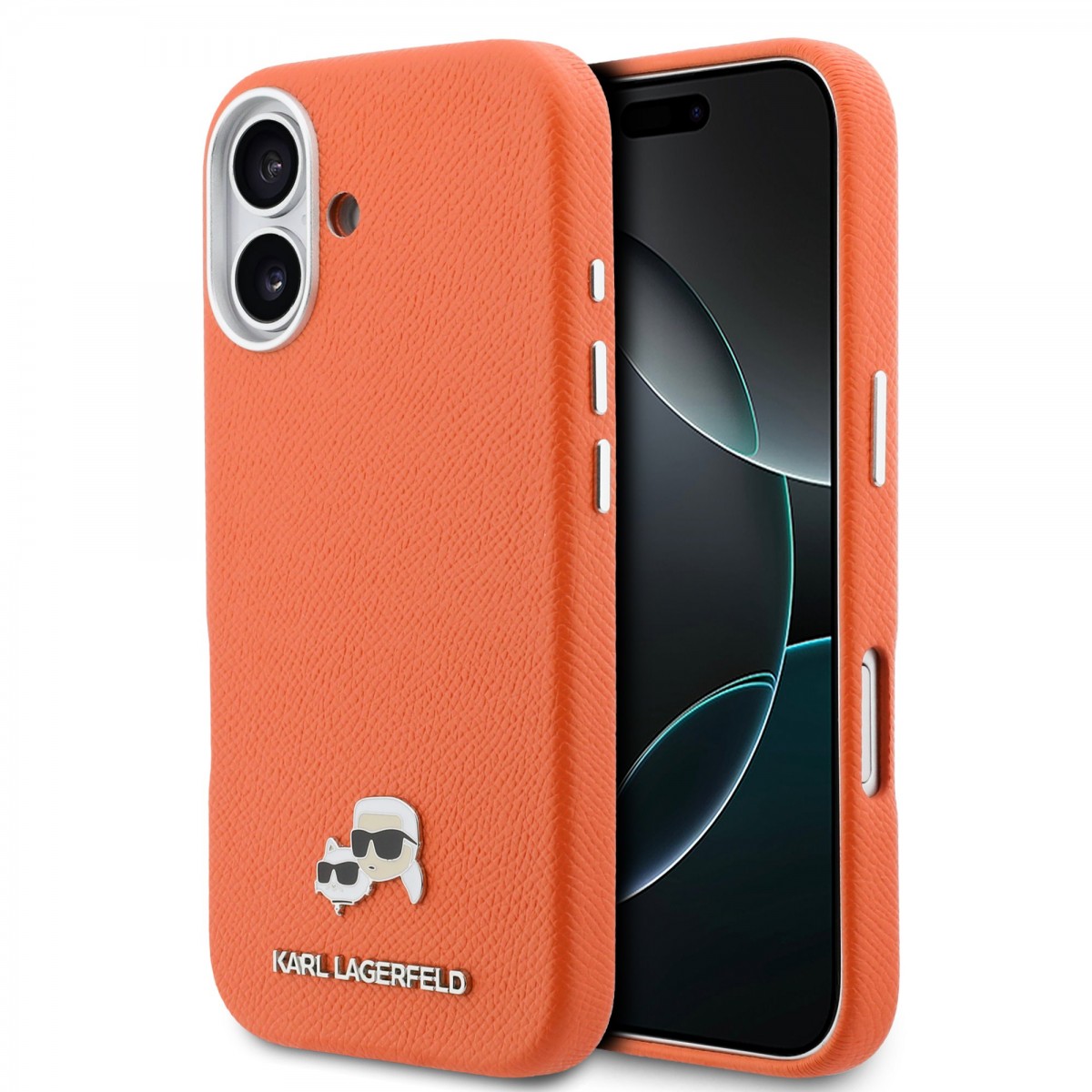 Zadní kryt Karl Lagerfeld PU Karl and Choupette Heads Pins MagSafe pro iPhone 17 oranžový