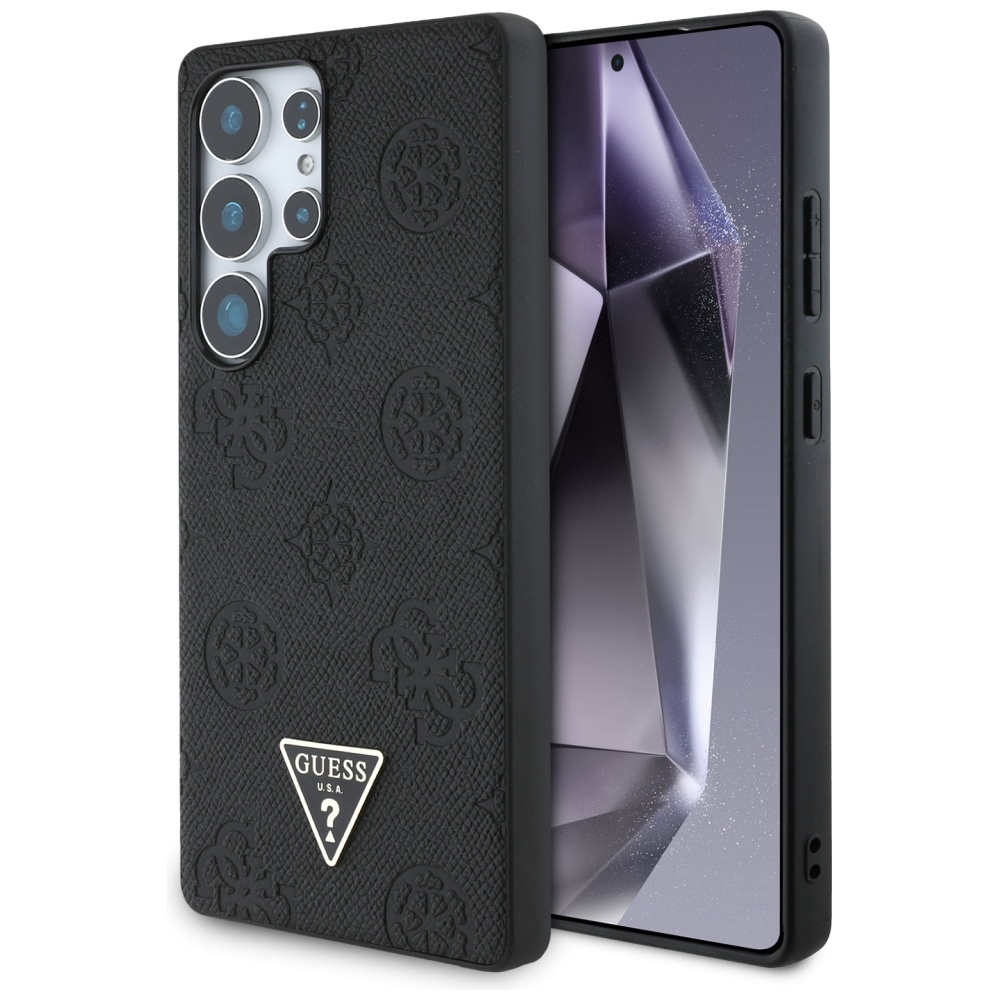 Levně Kryt Guess Peony Grained Hot Stamp Triangle Logo MagSafe pro Samsung Galaxy S25 Ultra černý