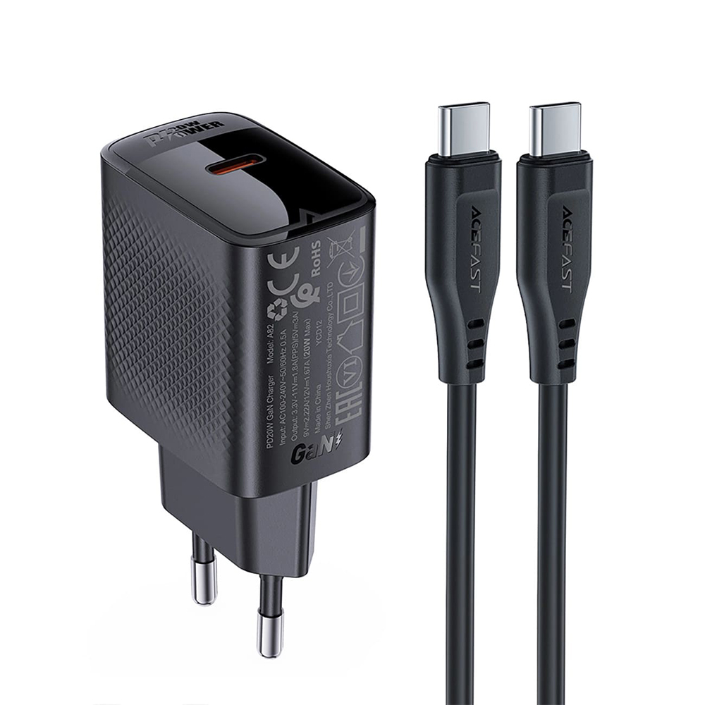 Levně Nabíjecí set Acefast - Wall Charger Set (A82) - Type-C Cable Included, Type-C, GaN Technology, PD20W, Supports Fast Charging - černý