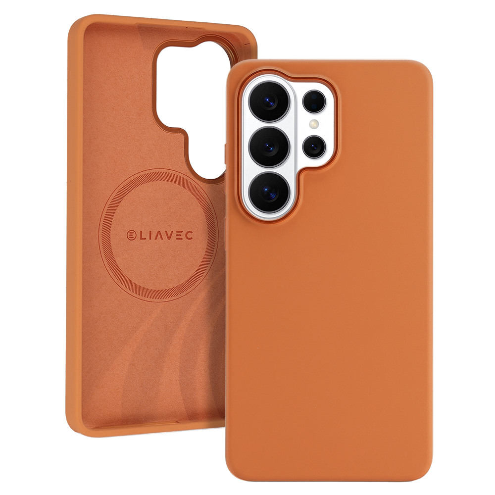 Levně Silikonový kryt Liavec Silky s kovovým rámečkem fotoaparátu pro Samsung Galaxy S26 Ultra oranžový