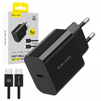 Síťová nabíječka Blavec BC-14 GaN4 USB-C PD QC 30W 3A s kabelem USB-C na USB-C černá