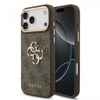 Guess PU Leather 4G Metal Logo Gold Frame Zadní Kryt pro iPhone 18 Pro Max Brown