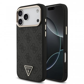 Guess PU Leather 4G Strass Triangle Logo Gold Frame MagSafe Zadní Kryt pro iPhone 18 Pro Max Black