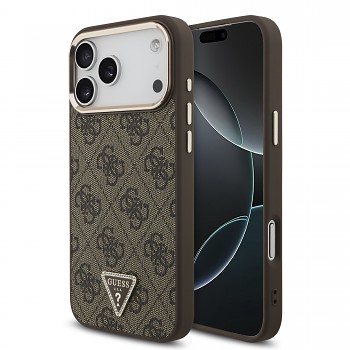 Guess PU Leather 4G Strass Triangle Logo Gold Frame MagSafe Zadní Kryt pro iPhone 18 Pro Max Brown