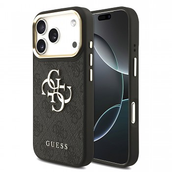 Guess PU Leather 4G Metal Logo Gold Frame Zadní Kryt pro iPhone 18 Pro Black