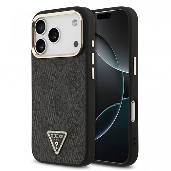 Guess PU Leather 4G Strass Triangle Logo Gold Frame MagSafe Zadní Kryt pro iPhone 18 Pro Black