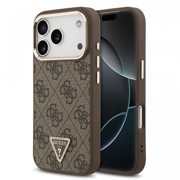 Guess PU Leather 4G Strass Triangle Logo Gold Frame MagSafe Zadní Kryt pro iPhone 18 Pro Brown