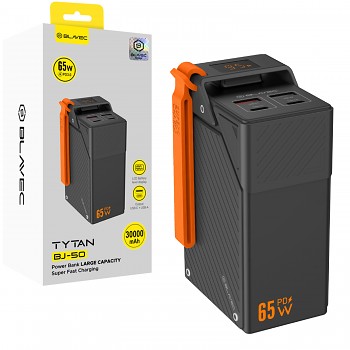 Blavec powerbanka BJ-50 Tytan s kapacitou 30000 mAh a výkonem 65 W, 2x USB-C a 2x USB-A, černá