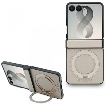 Guess kryt se stojánkem Grained Classic Logo MagSafe pro Samsung Galaxy Z Flip8, béžový