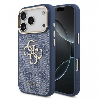 Guess zadní kryt PU Leather 4G Metal Logo Gold Frame pro iPhone 18 Pro, modrý