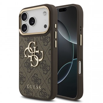 Guess zadní kryt PU Leather 4G Metal Logo Gold Frame pro iPhone 18 Pro, hnědý