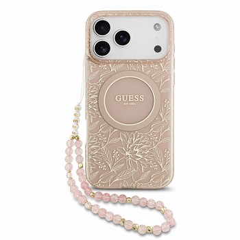 Guess zadní kryt IML Flowers Allover Strap MagSafe pro iPhone 18 Pro Max, růžový