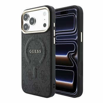 Guess zadní kryt PU Leather 4G Gold Frame Embossed MagSafe pro iPhone 18 Pro Max, černý