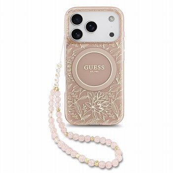 Guess zadní kryt IML Flowers Allover Strap MagSafe pro iPhone 18 Pro, růžový