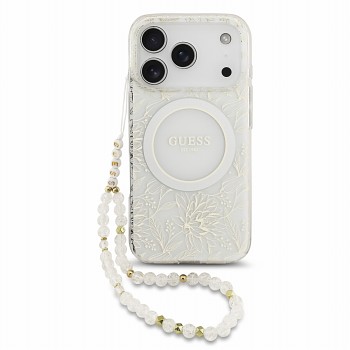 Guess zadní kryt IML Flowers Allover Strap MagSafe pro iPhone 18 Pro, bílý
