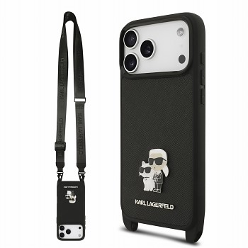 Karl Lagerfeld kryt Saffiano Karl and Choupette s popruhem přes rameno pro iPhone 18 Pro, černý