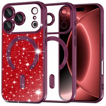 Techsuit kryt Luxury Glitter MagSafe pro iPhone 18 Pro Max / iPhone 17 Pro Max tmavě třešňový