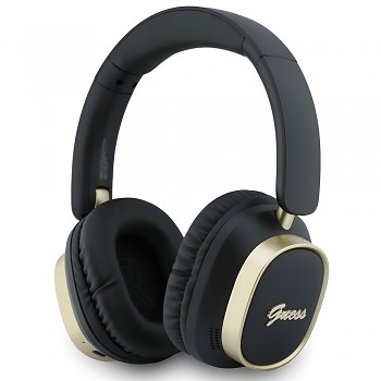 Guess bezdrátová náhlavní sluchátka Rectangle Metal Script přes uši s Bluetooth ENC a ekologickou kůží černá