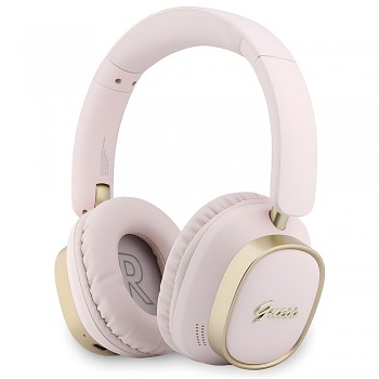 Guess bezdrátová náhlavní sluchátka Rectangle Metal Script přes uši s Bluetooth ENC a ekologickou kůží růžová