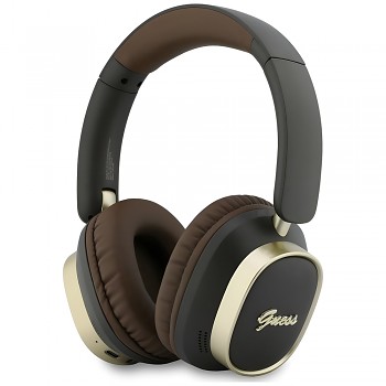 Guess bezdrátová náhlavní sluchátka Rectangle Metal Script přes uši s Bluetooth ENC a ekologickou kůží hnědá