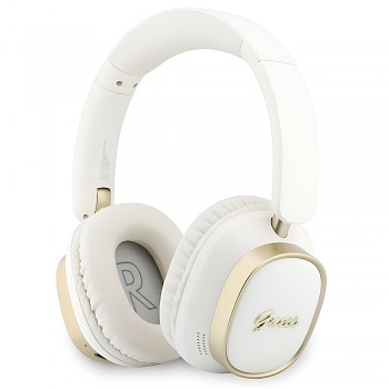 Guess bezdrátová náhlavní sluchátka Rectangle Metal Script přes uši s Bluetooth ENC a ekologickou kůží bílá