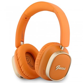 Guess bezdrátová náhlavní sluchátka Rectangle Metal Script přes uši s Bluetooth ENC a ekologickou kůží oranžová