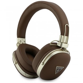 Guess bezdrátová náhlavní sluchátka Grained Triangle Logo přes uši s Bluetooth ENC a ekologickou kůží hnědá