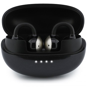 Guess bezdrátová otevřená sluchátka OWS Classic s metalickým povrchem a pokovenými prvky Bluetooth 5.4 a baterií 300 mAh černá