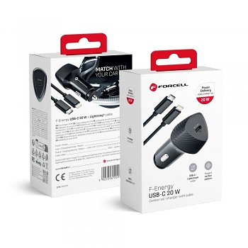 Nabíječka do auta Forcell F-Energy Carbon USB-C QC3.0 PD 3A 20W + kabel USB-C na Lightning CC50-1C černá