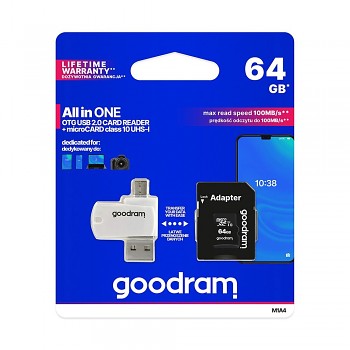 GOODRAM čtečka karet USB-A + Micro USB ALL IN ONE M1A4 + paměťová karta microSD 64GB s adaptérem SD