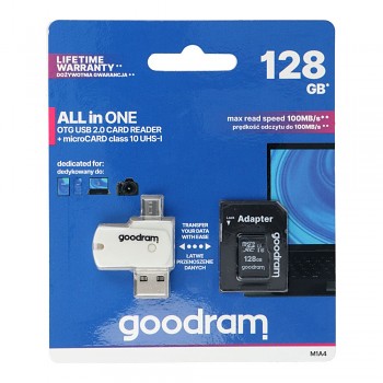 GOODRAM čtečka karet USB-A + Micro USB ALL IN ONE M1A4 + paměťová karta microSD 128GB s adaptérem SD