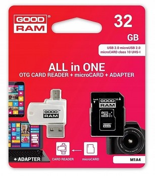 GOODRAM čtečka karet USB-A + Micro USB ALL IN ONE M1A4 + paměťová karta microSD 32GB s adaptérem SD