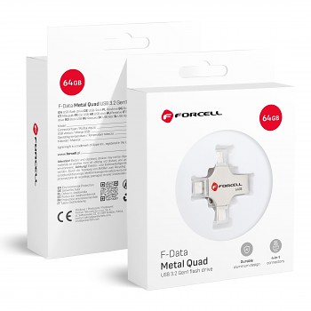 Flash disk 64GB USB 3.2 Gen 1 (USB-A/ USB-C/ Lightning/ Micro USB) Forcell F-Data Metal Quad stříbrná