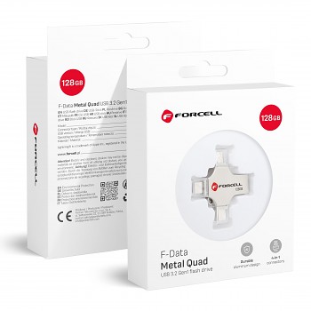 Flash disk 128GB USB 3.2 Gen 1 (USB-A/ USB-C/ Lightning/ Micro USB) Forcell F-Data Metal Quad stříbrná