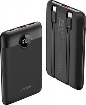 Powerbank Veger C11 (W1170) PD QC3.0 2A 22.5W 10000 mAh s built-in cables USB-C/ Lightning černá